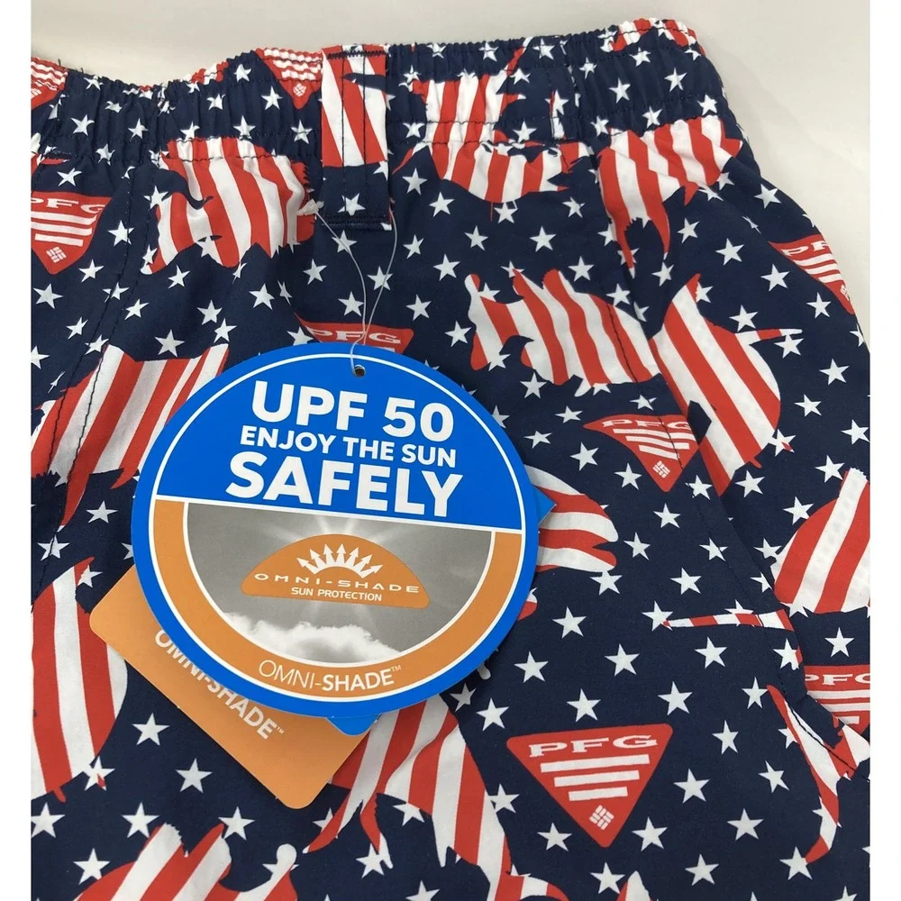 Columbia PFG Super Backcast Water‎ Shorts Patriotic Fish Pattern Men's Small NWT